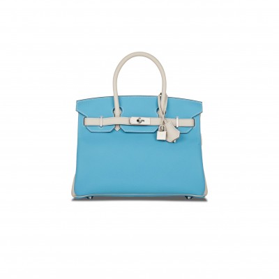 HERMES BIRKIN 25 TOGO LEATHER NORTHERN BLUE AND MILKSHAKE WHITE SILVER BUCKLE HANDBAG 2161400178398 (25*20*13cm)